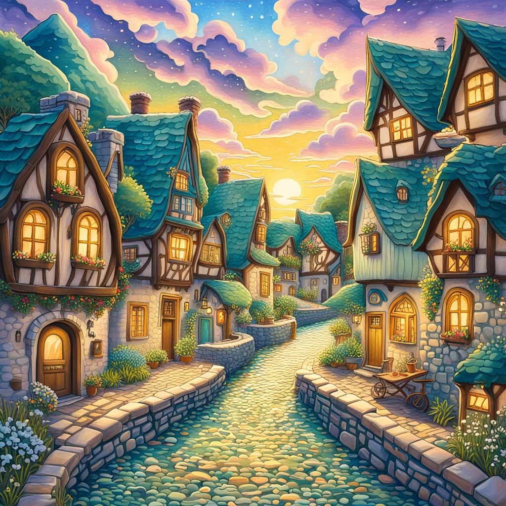 Seaside Village Sunrise: Gouache Fairytale Scene