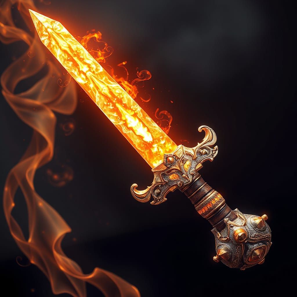 Mystical Sword with Fiery Crystalline Blade and Ethereal Hil...