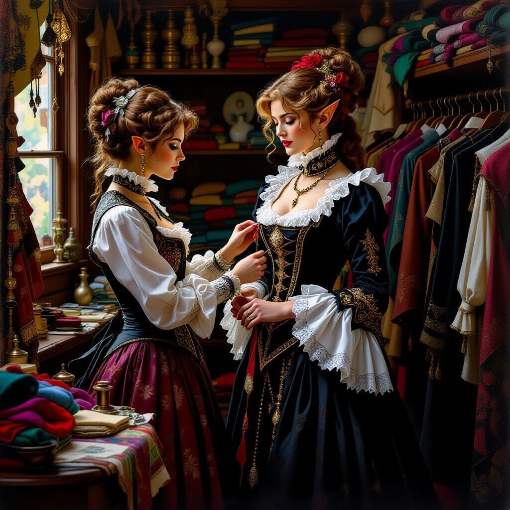Victorian Seamstress Fitting Elven Noble, Fantasy Painting