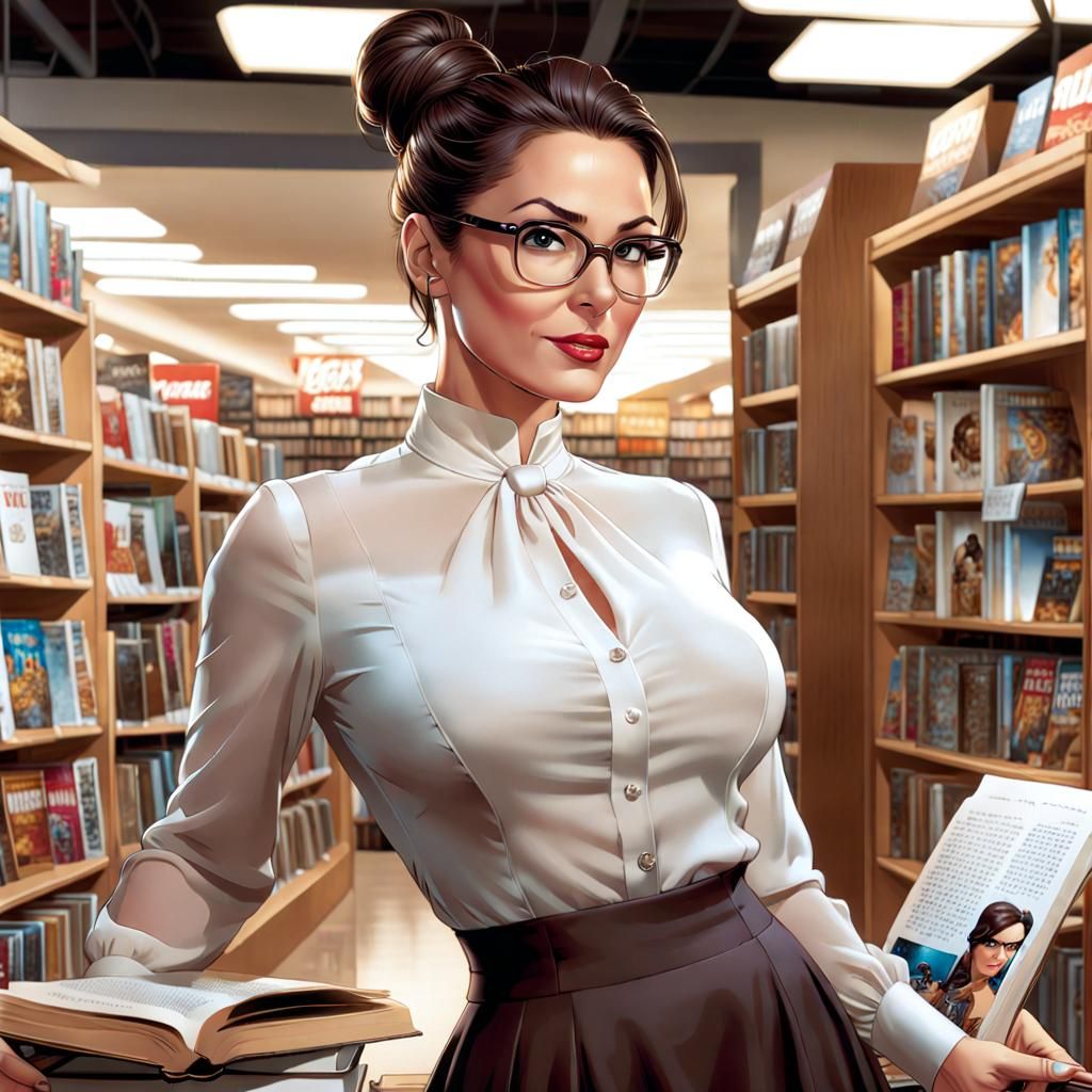 Comic Book Art of Woman in Bookstore