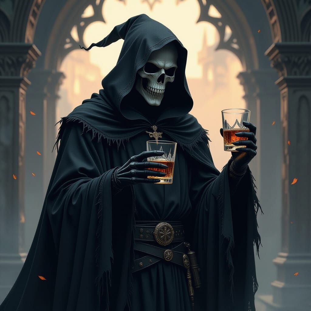 Grim Reaper Enjoys Whiskey in Gothic Setting