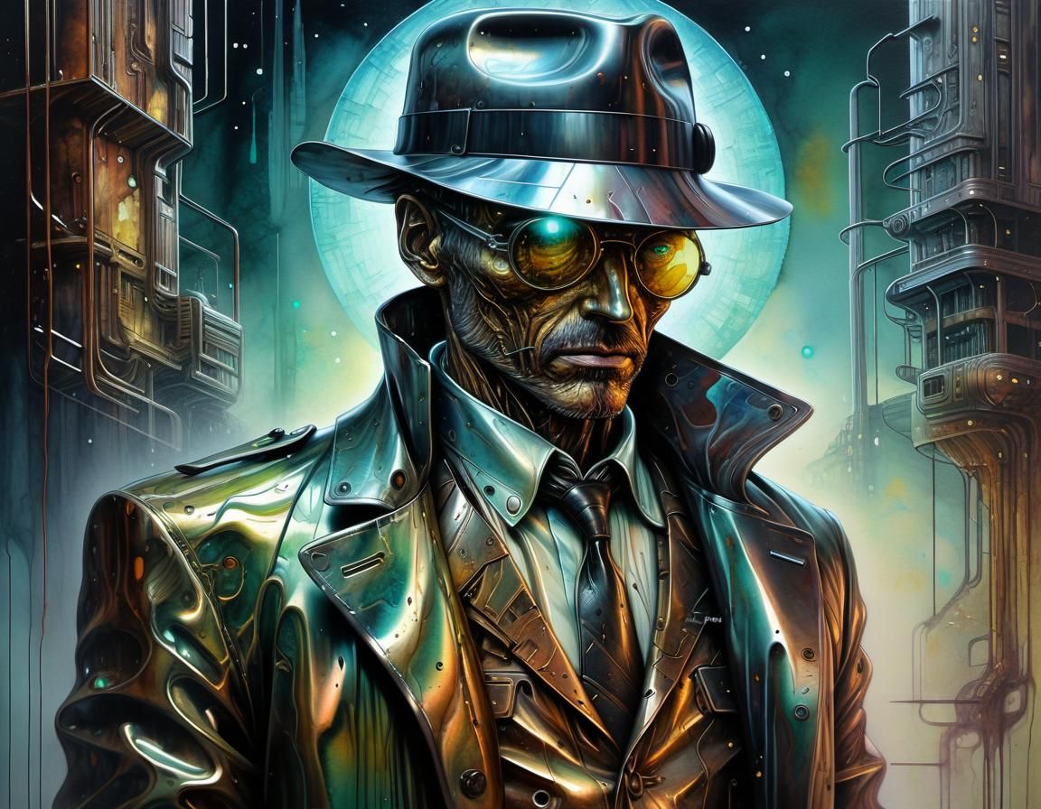 Metallic Detective in Dystopian Future, Alcohol Ink Art
