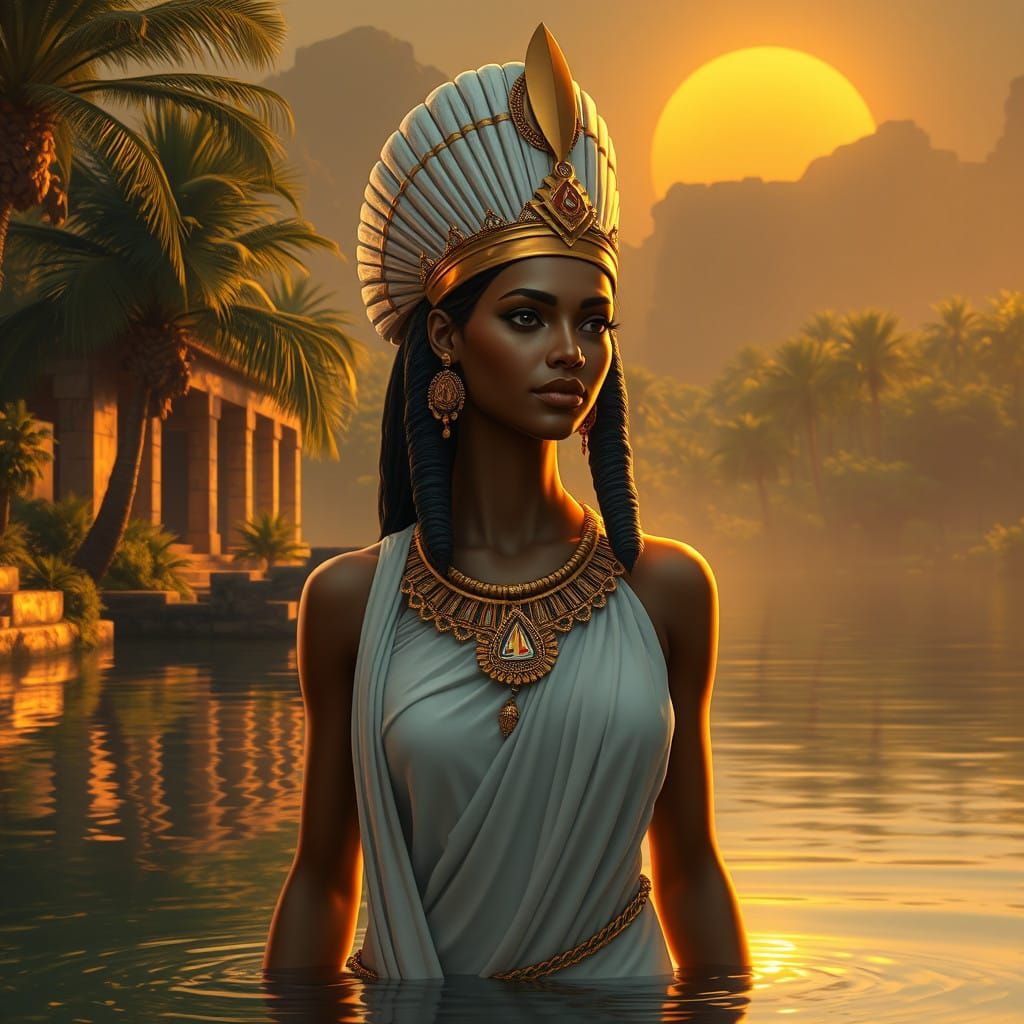 Regal Ancient Egyptian Goddess in a Serene Nile Setting
