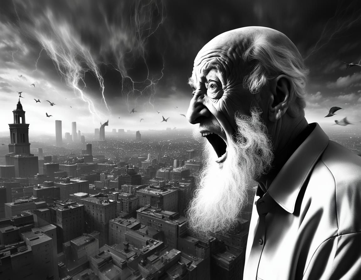 Screaming Man on Building in Surrealist Style