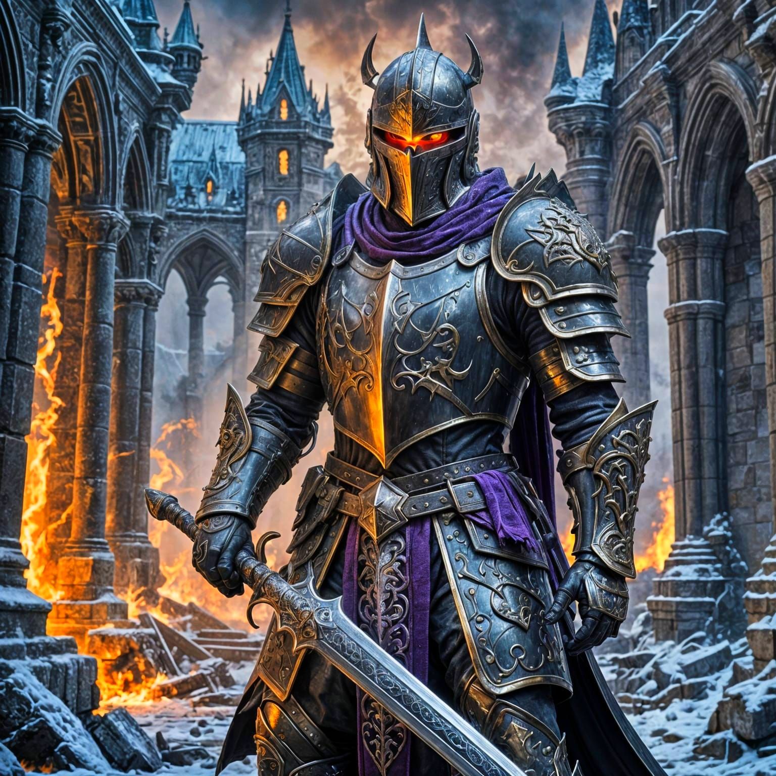 Ominous Knight with Sword in Frozen Ruins