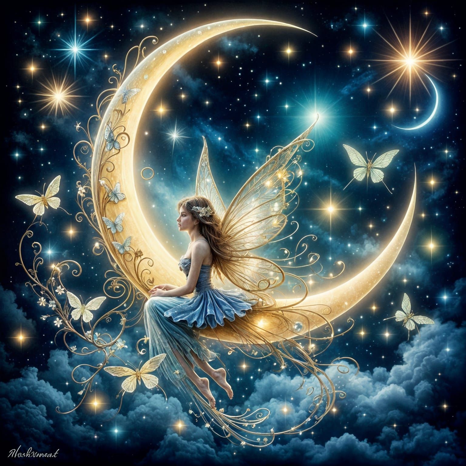 Whimsical Fairy on Moon in Ink Wash Style