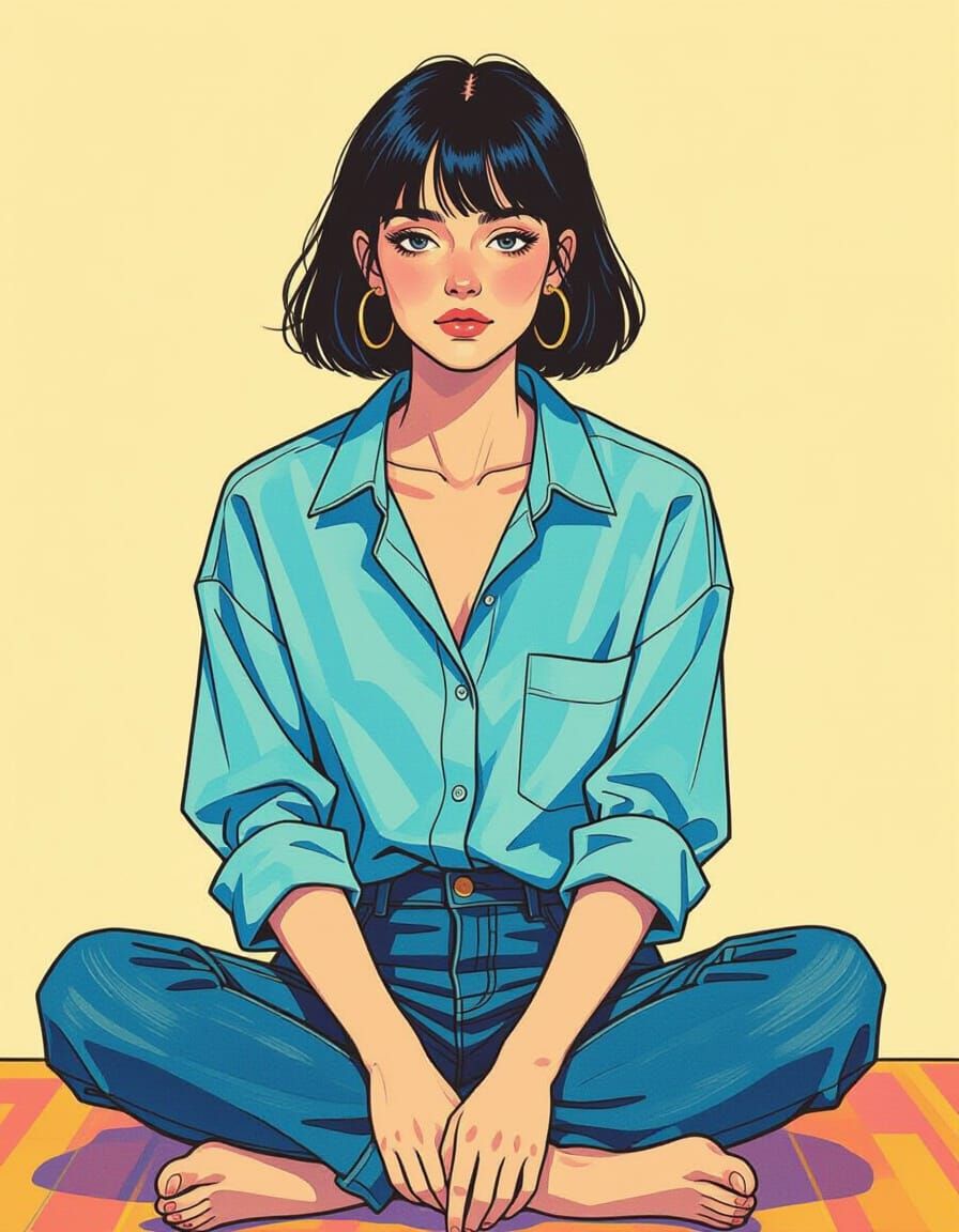Hand-Drawn Woman in Pastel Shirt, Expressive Sketch