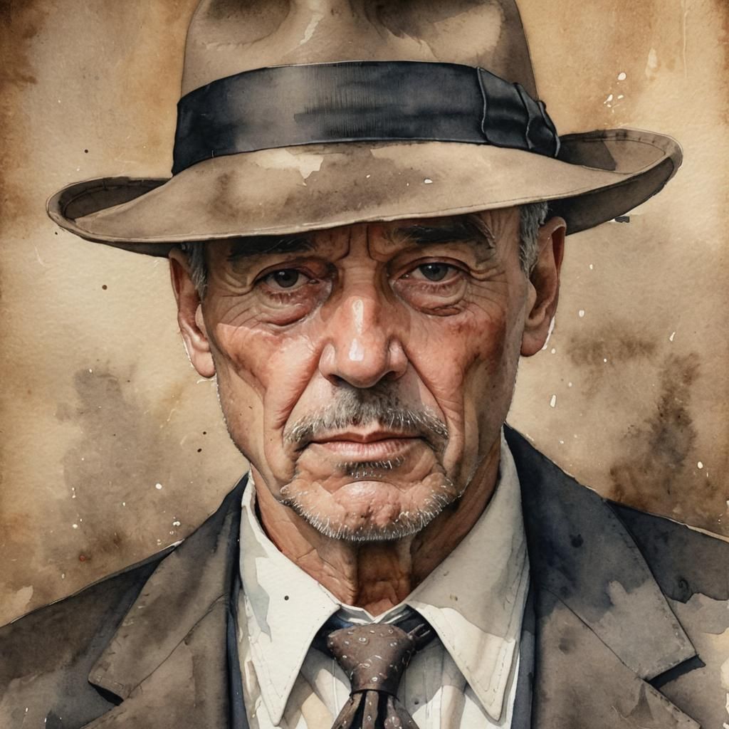 Watercolor Gangster Portrait with Dramatic Lighting