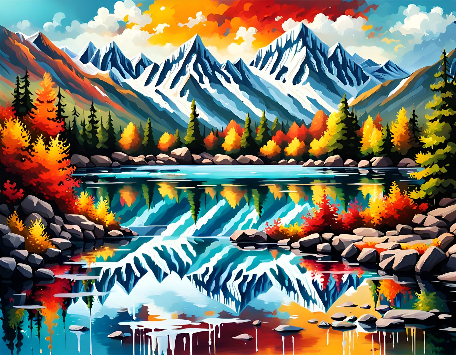 Splendid Mountain Lake in Dripping Graffiti Art