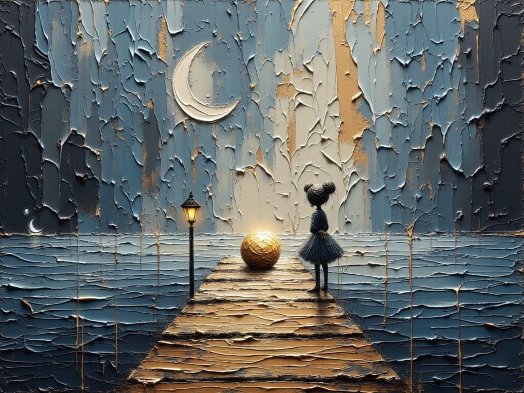 Surreal Golden Lantern on Pier Impasto Painting