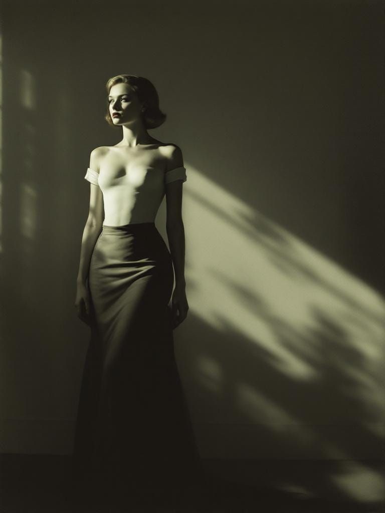 Contemplative Woman in Minimalist Interior, Dramatic Lightin...