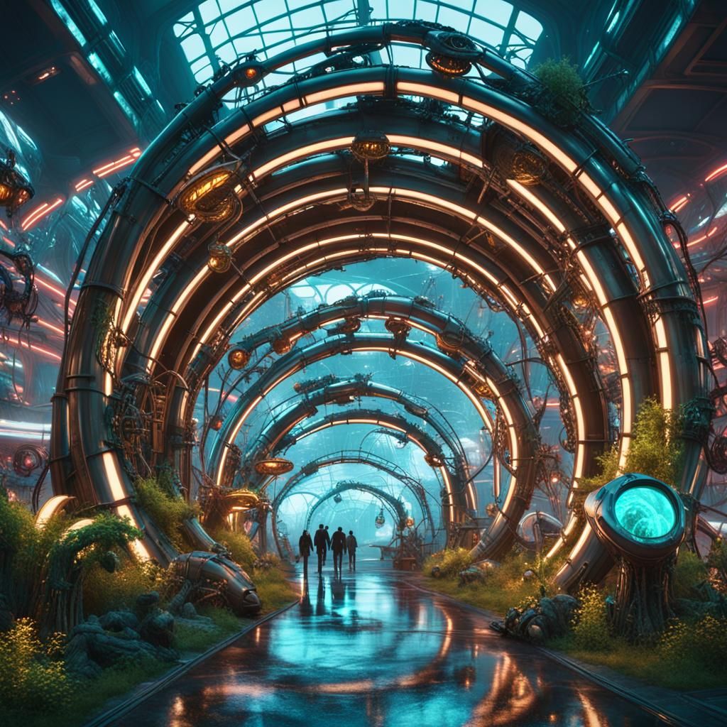 Biopunk Theme Park Entrance with Mutated Flora and Fauna