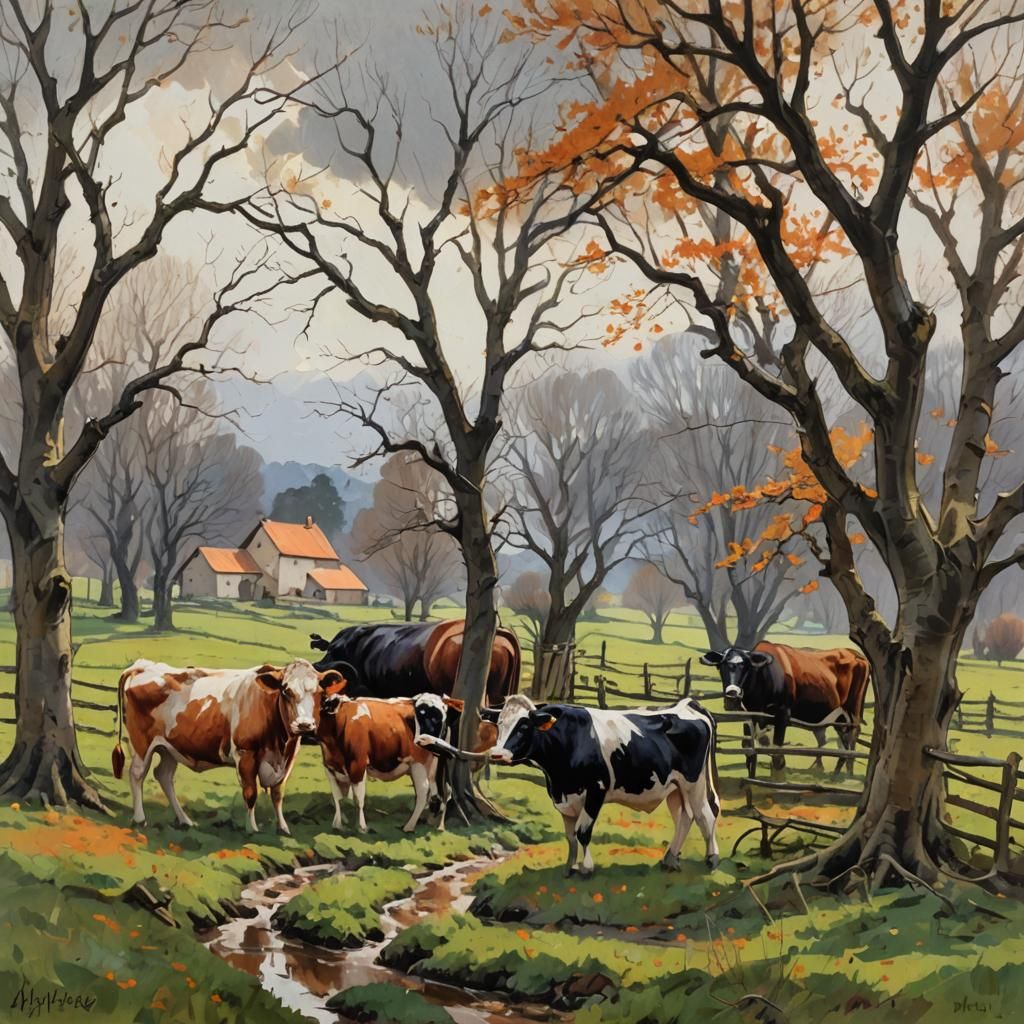Cows Pulling Hay Cart in Bucolic Oil Painting