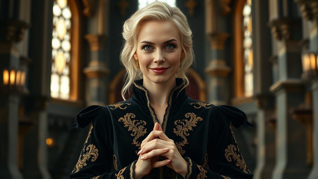 Regal Witch in Medieval Castle, Elegant Velvet Uniform, Gold...