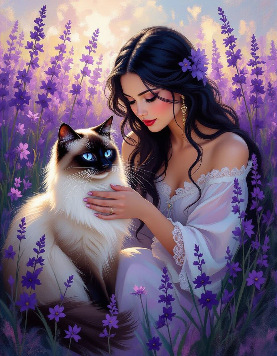 Woman and Siamese Cat Among Purple Flowers in Painterly Styl...