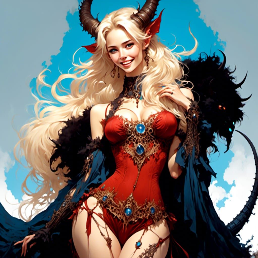 <lora:IDL:1.0> A beautiful elegant female devil with blonde hair blue eyes tan skin a tail small forehead horns, wearing...