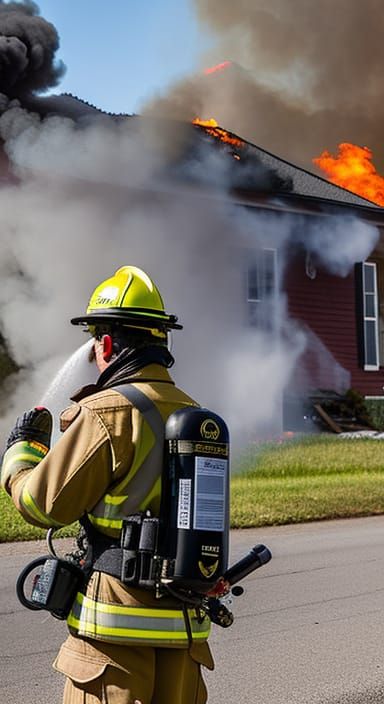 Firefighter in Front of Burning House: Detailed Photography