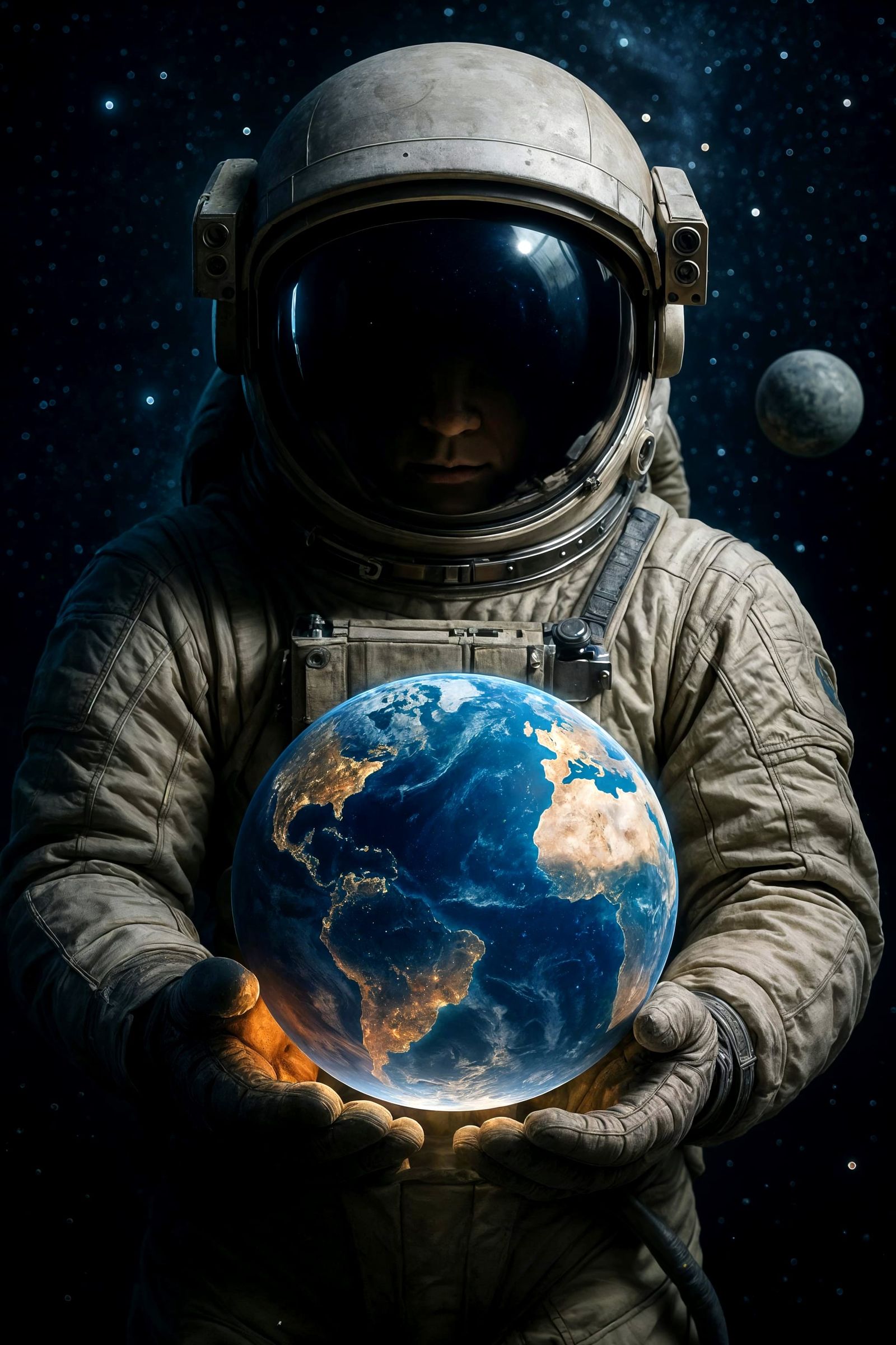 Astronaut with Glowing Earth in Space: Photorealistic Detail