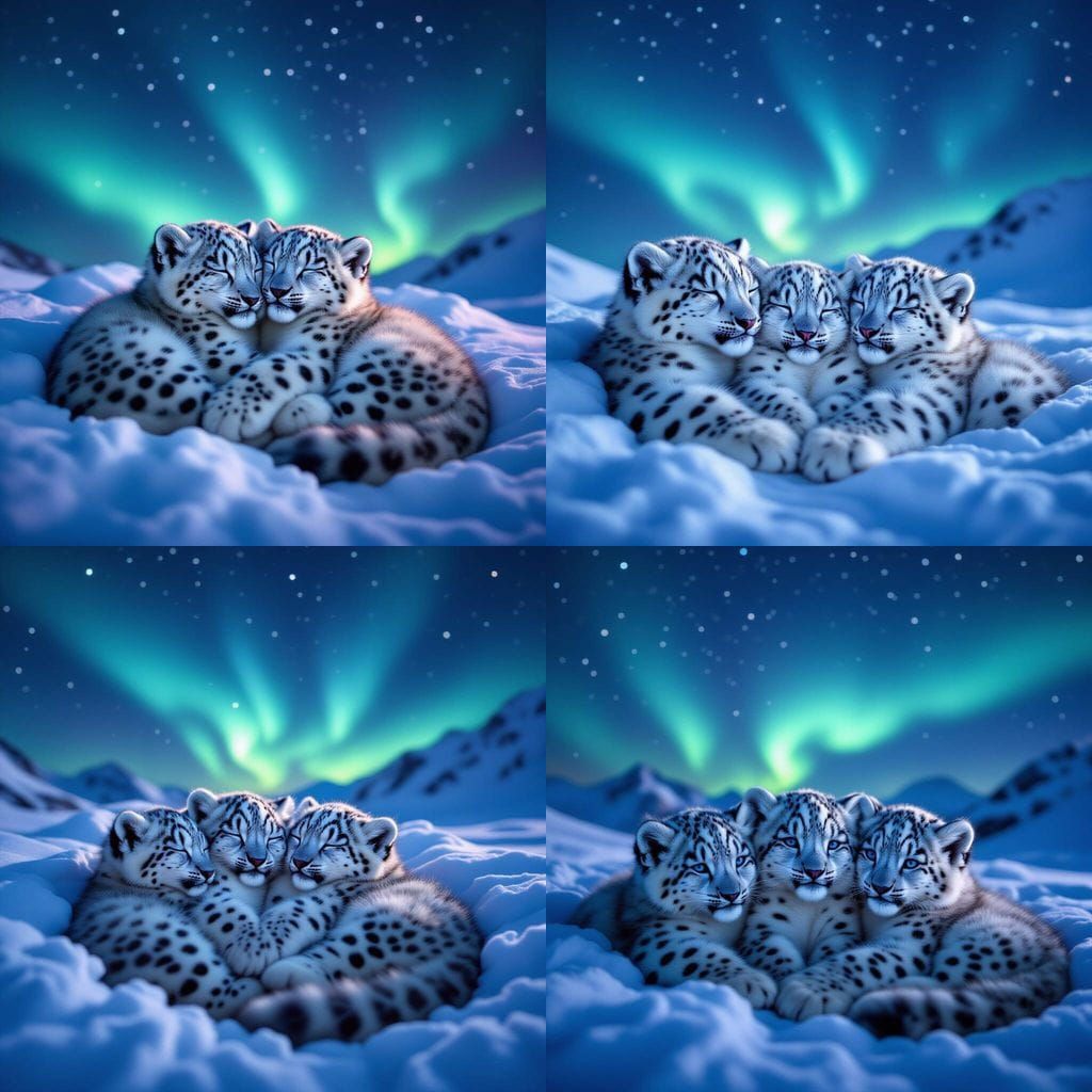 Snow Leopard Cubs Snuggling Under Aurora Sky