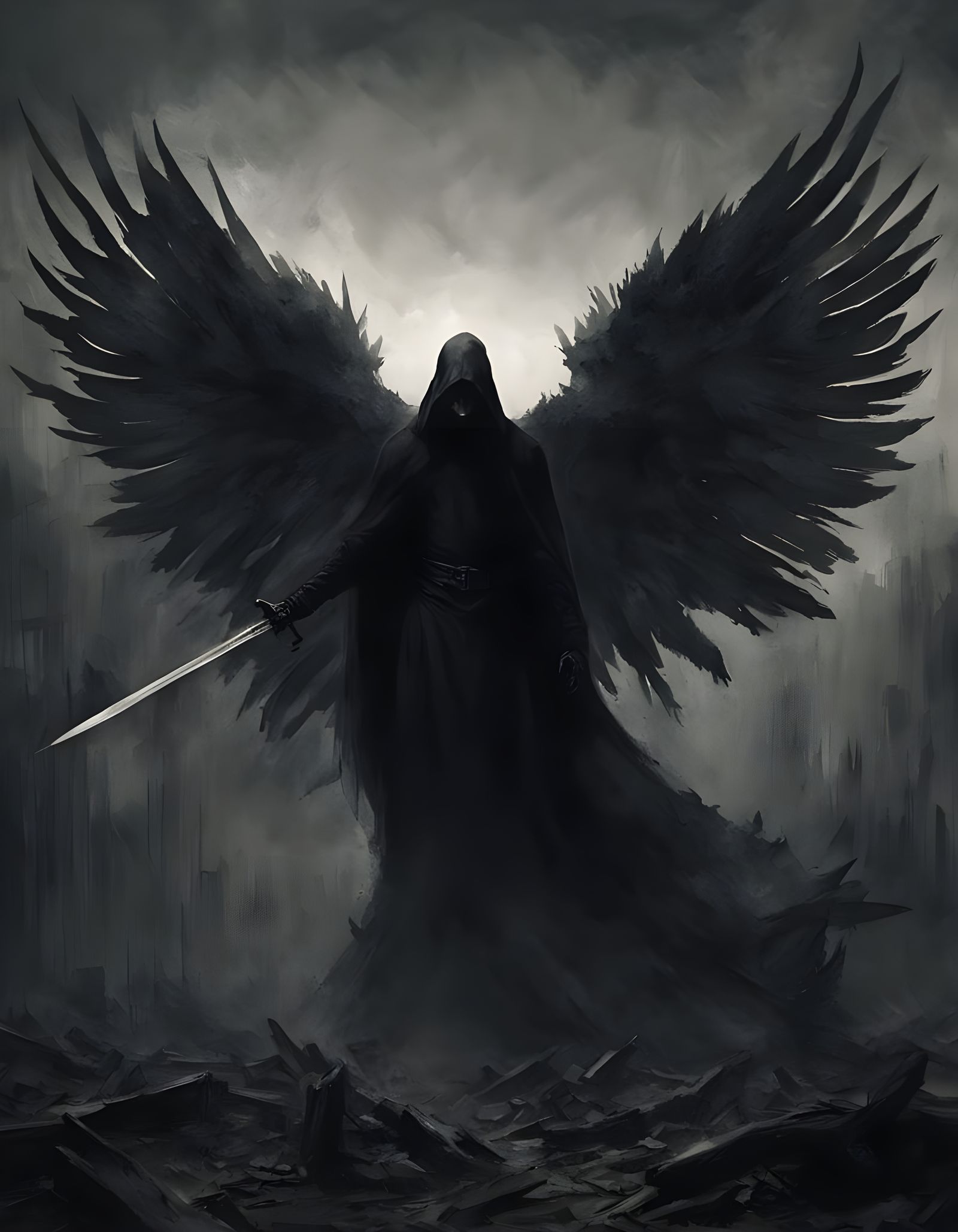 Cyberpunk Angel of Death in Dark Ethereal Backlight