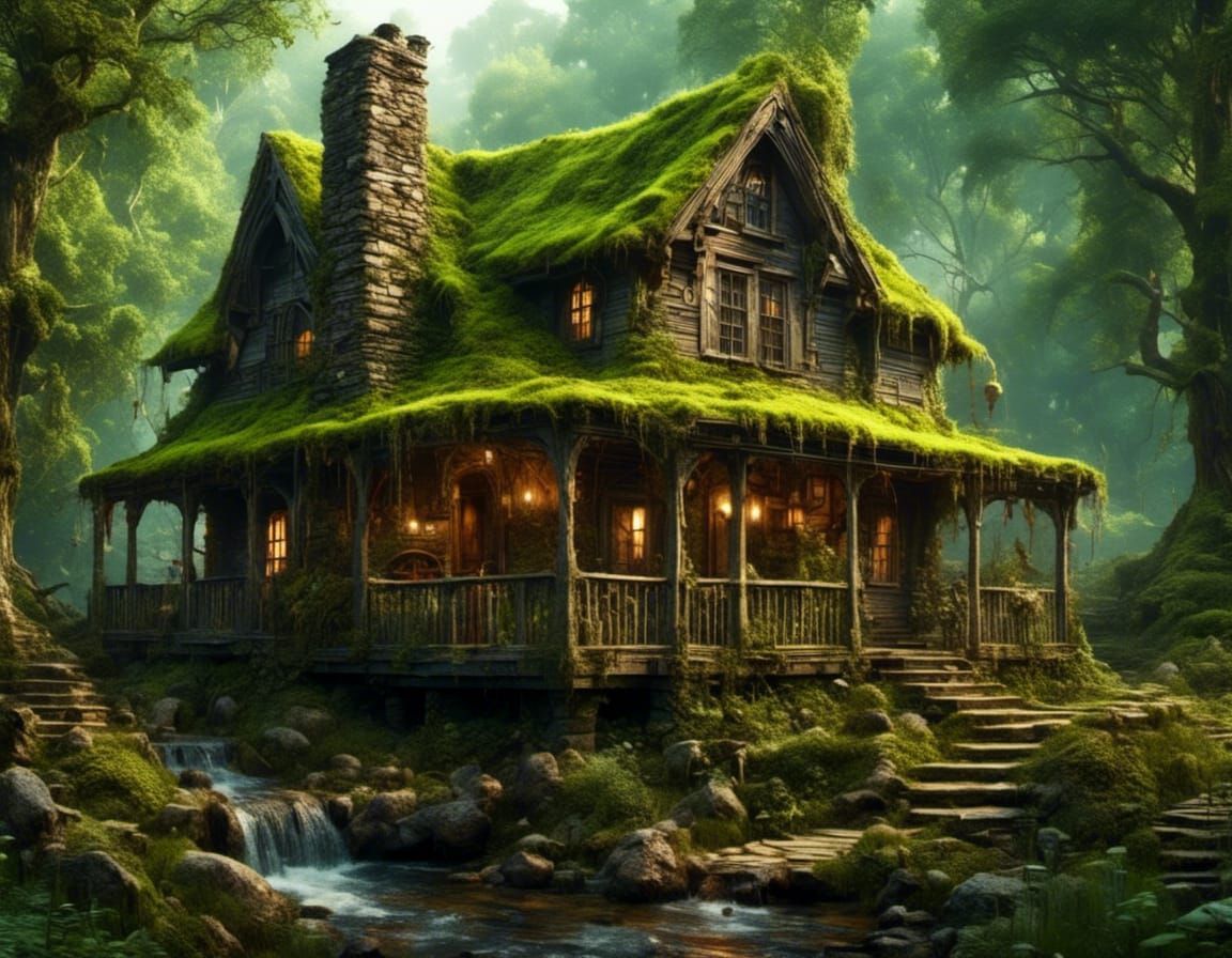 <lora:Dark Woodlands:1.0> <lora:Epic Splash:1.0> Large cabin, wrap around porch, stone walkway, flowing stream, woods