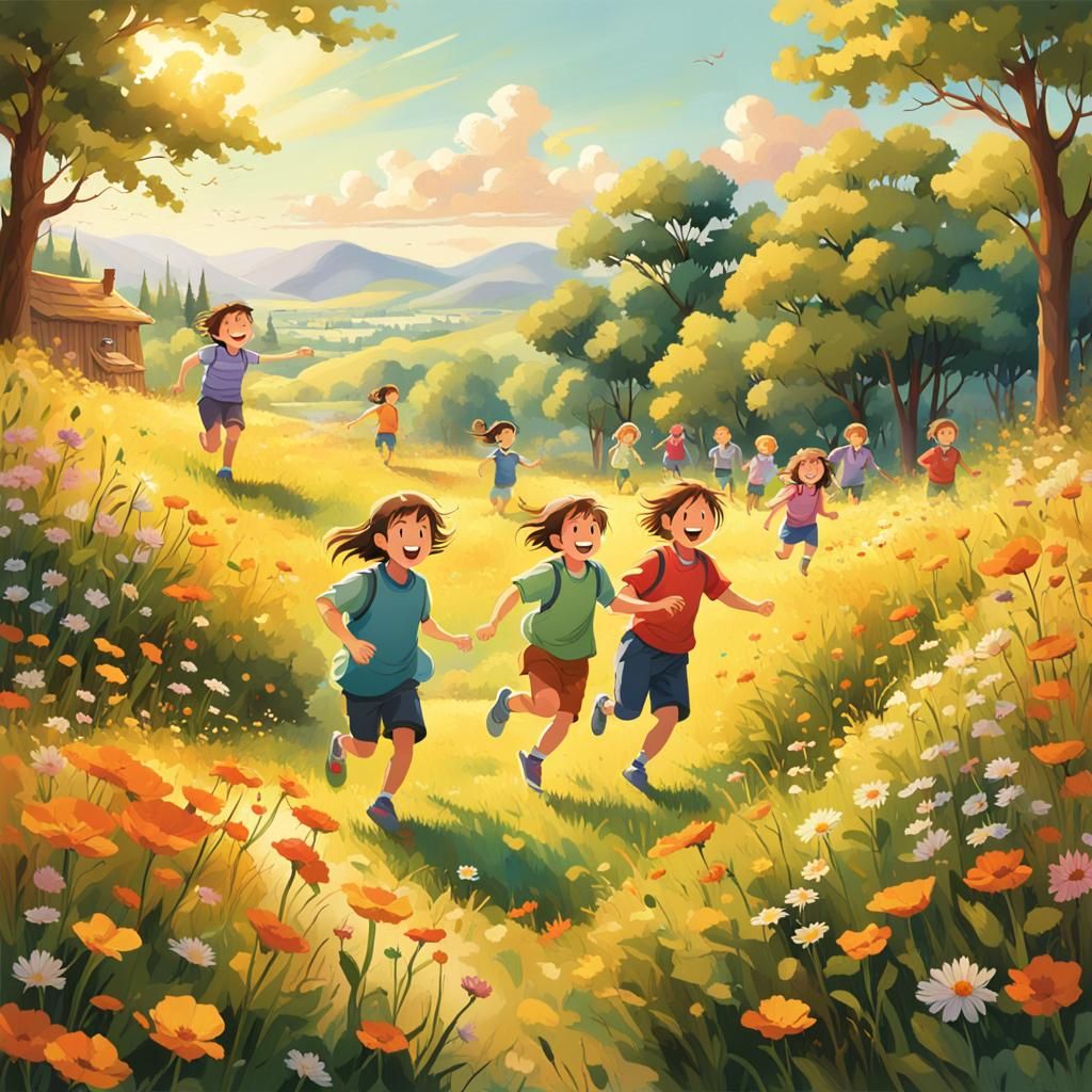 Children Playing in Sunny Meadow Landscape