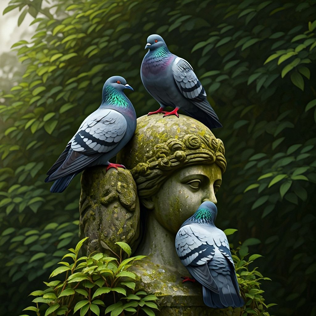 Pigeons on Weathered Statue in Lush Greenery