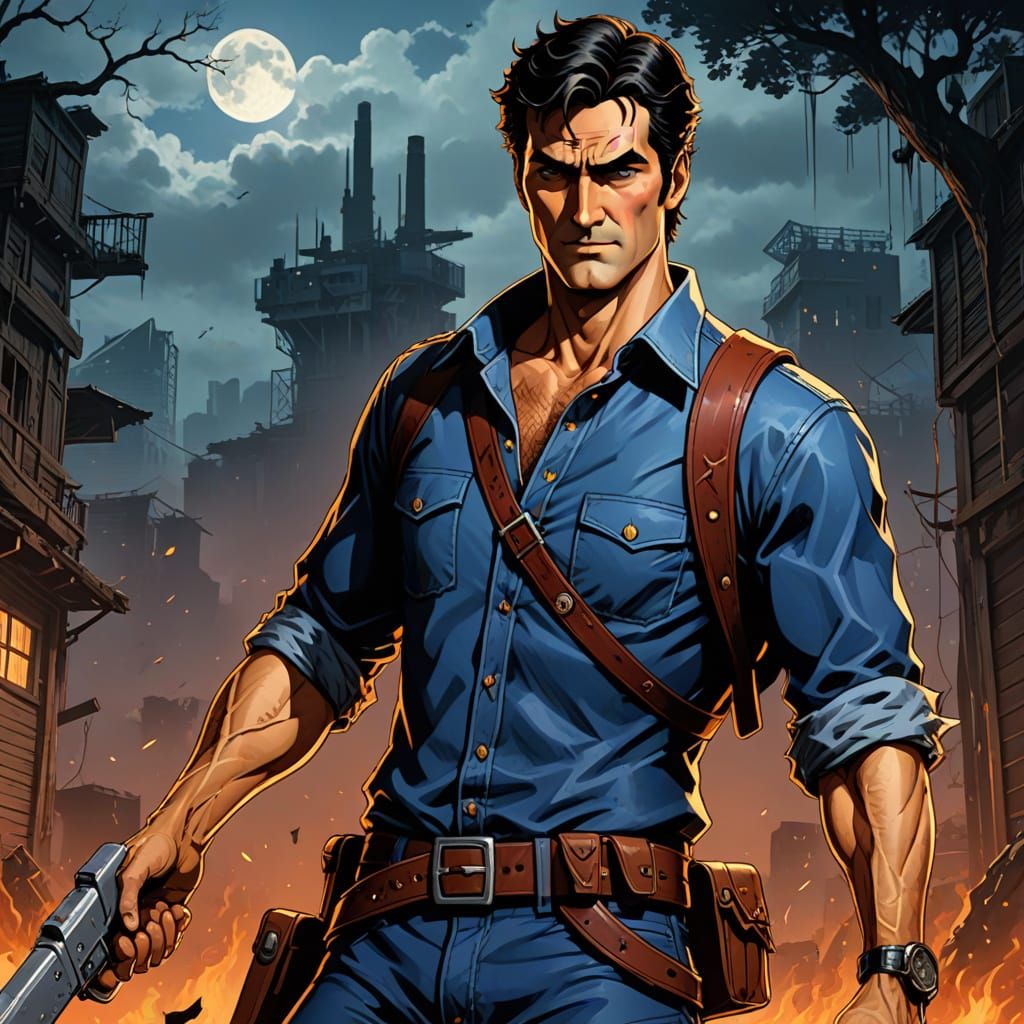 Anime Key Visual of Ash Williams in Japanese Manga Style