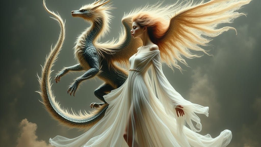 Dragon and Woman: Ethereal Bond in Fantasy Realism
