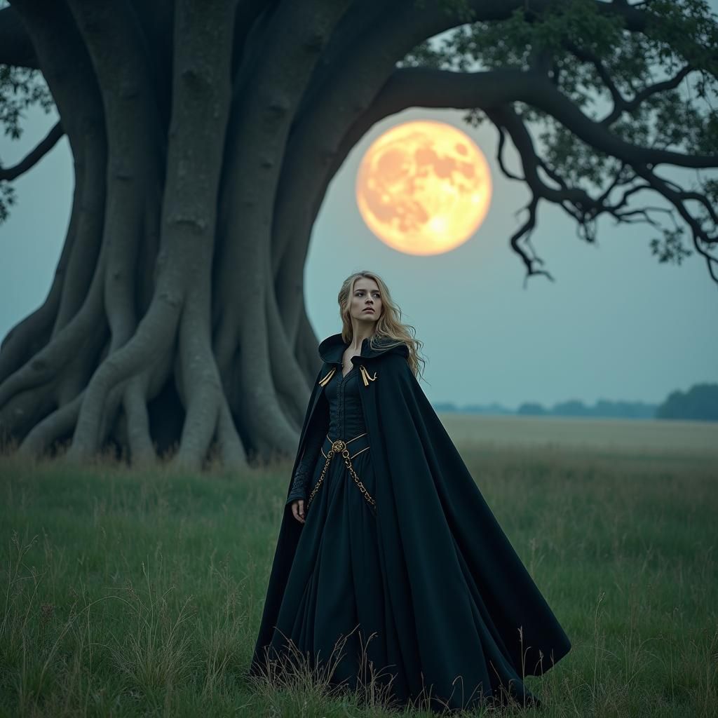 Woman in Cloak Under Moonlight, Cinematic Image