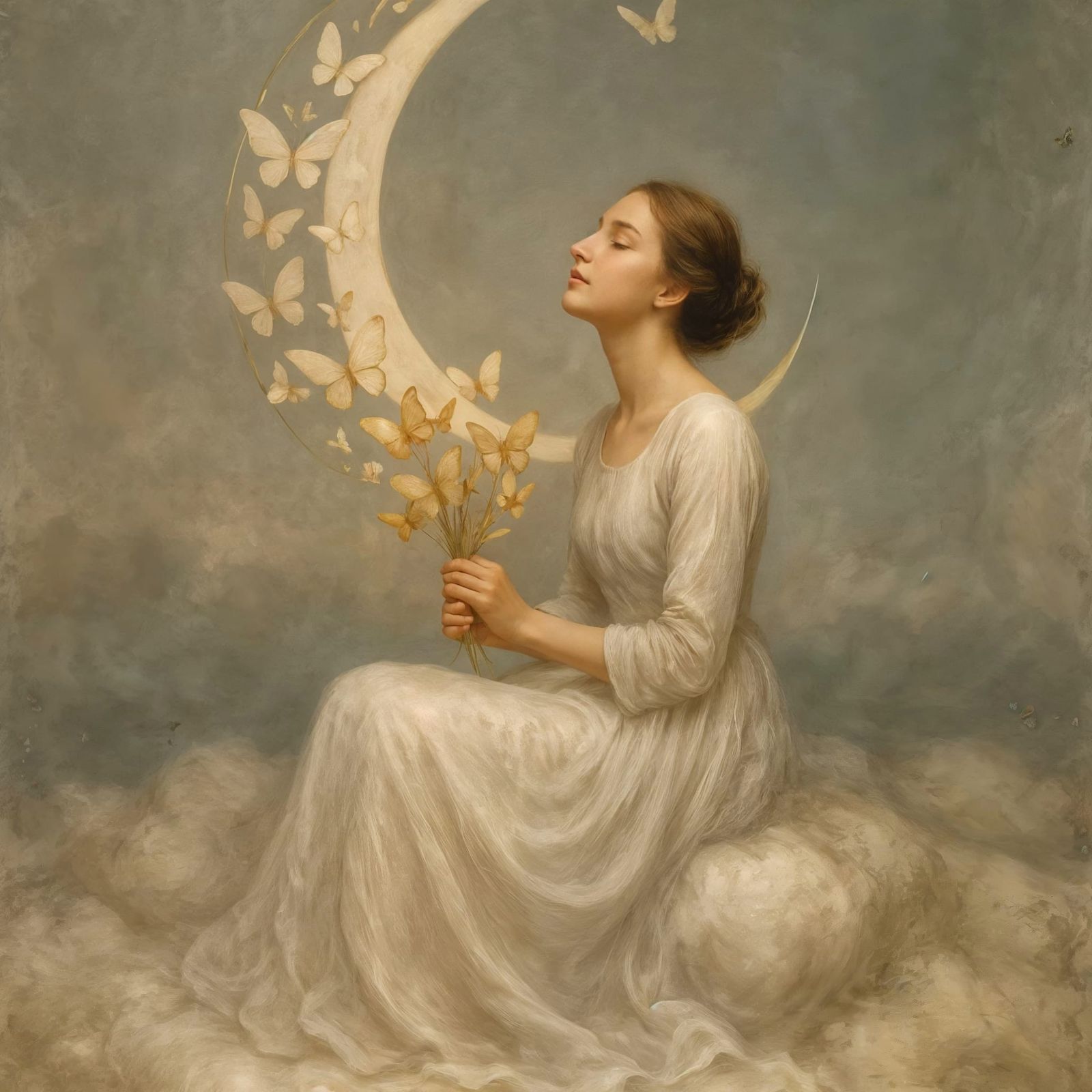 Dreamlike Woman with Butterflies Under Crescent Moon