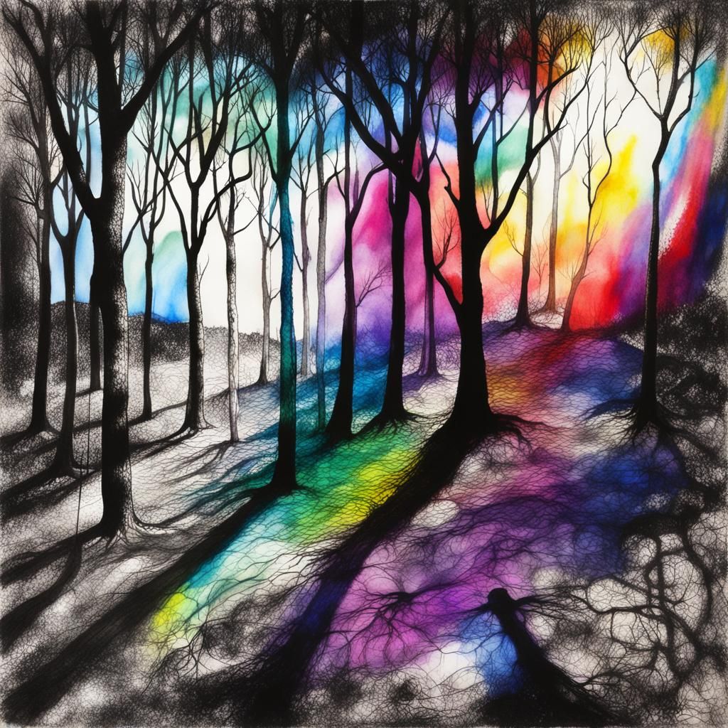 Surreal Child's Drawing with Rainbow Fairy in Rayograph Styl...