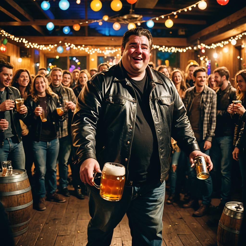 Man with Beer Keg at Party, Cinematic Style