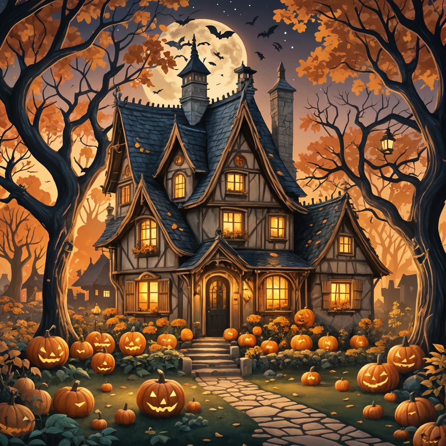 Halloween Cottage in Storybook Illustration Style
