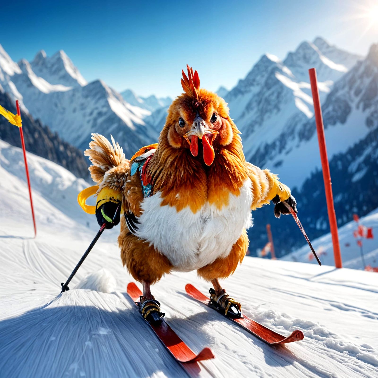 Determined Chicken Skier Dominates Alpine Slalom