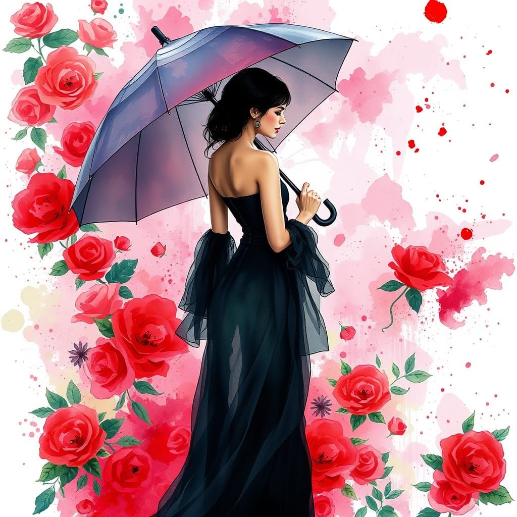 Woman with Umbrella in Vibrant Watercolor Landscape