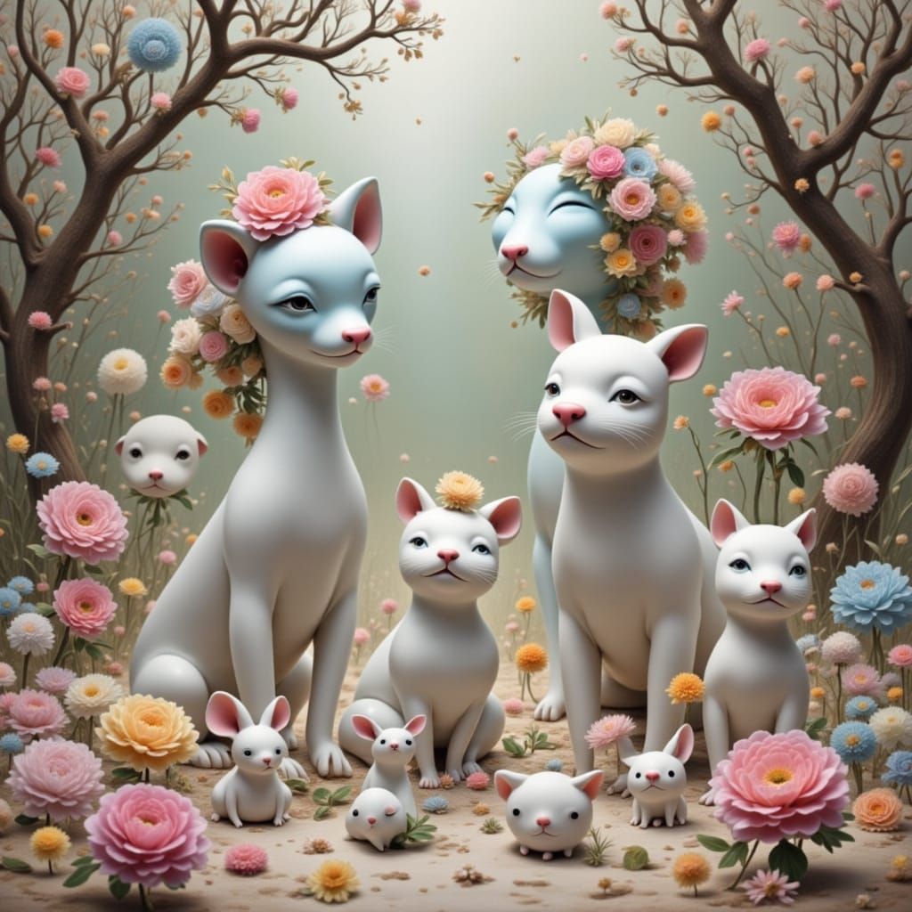 Porcelain Animals in a Magical Dream Garden