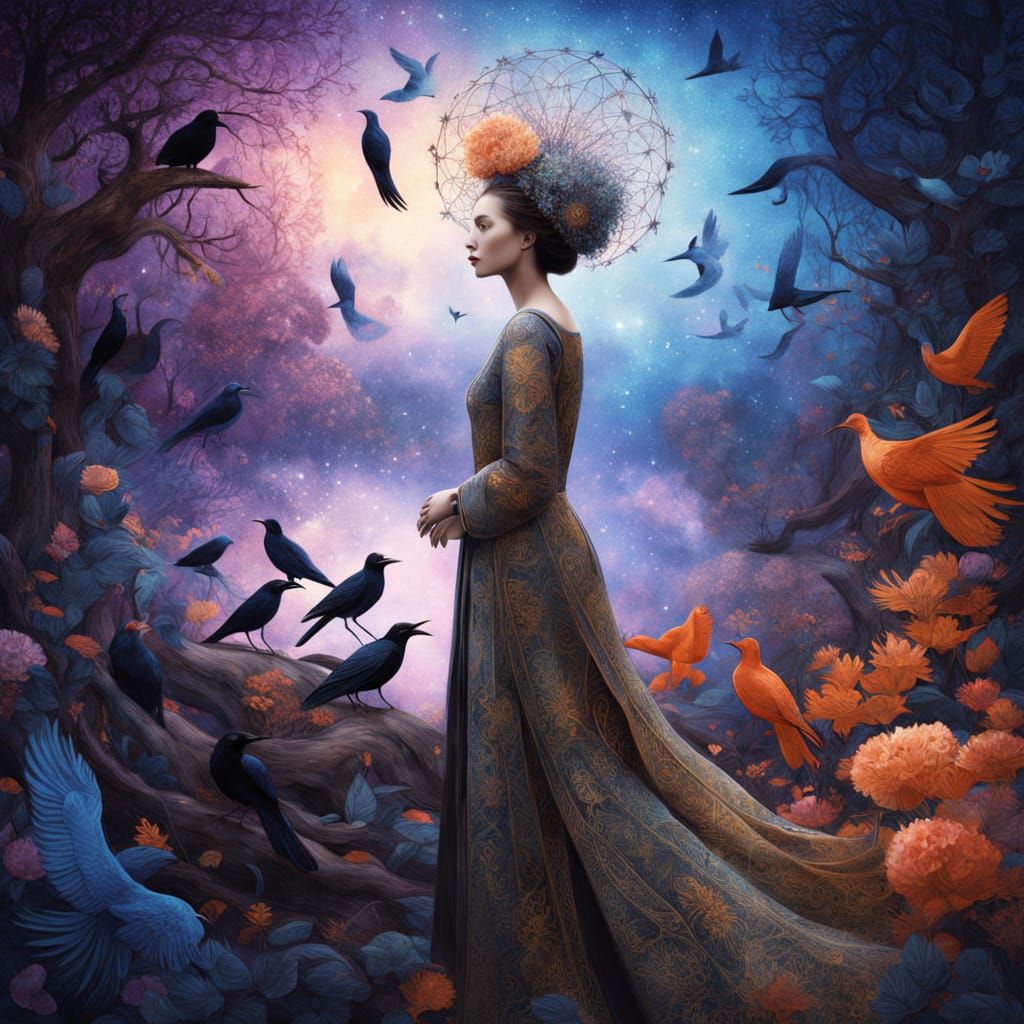 Ethereal Woman Transforms into Iridescent Birds Amidst Cosmi...