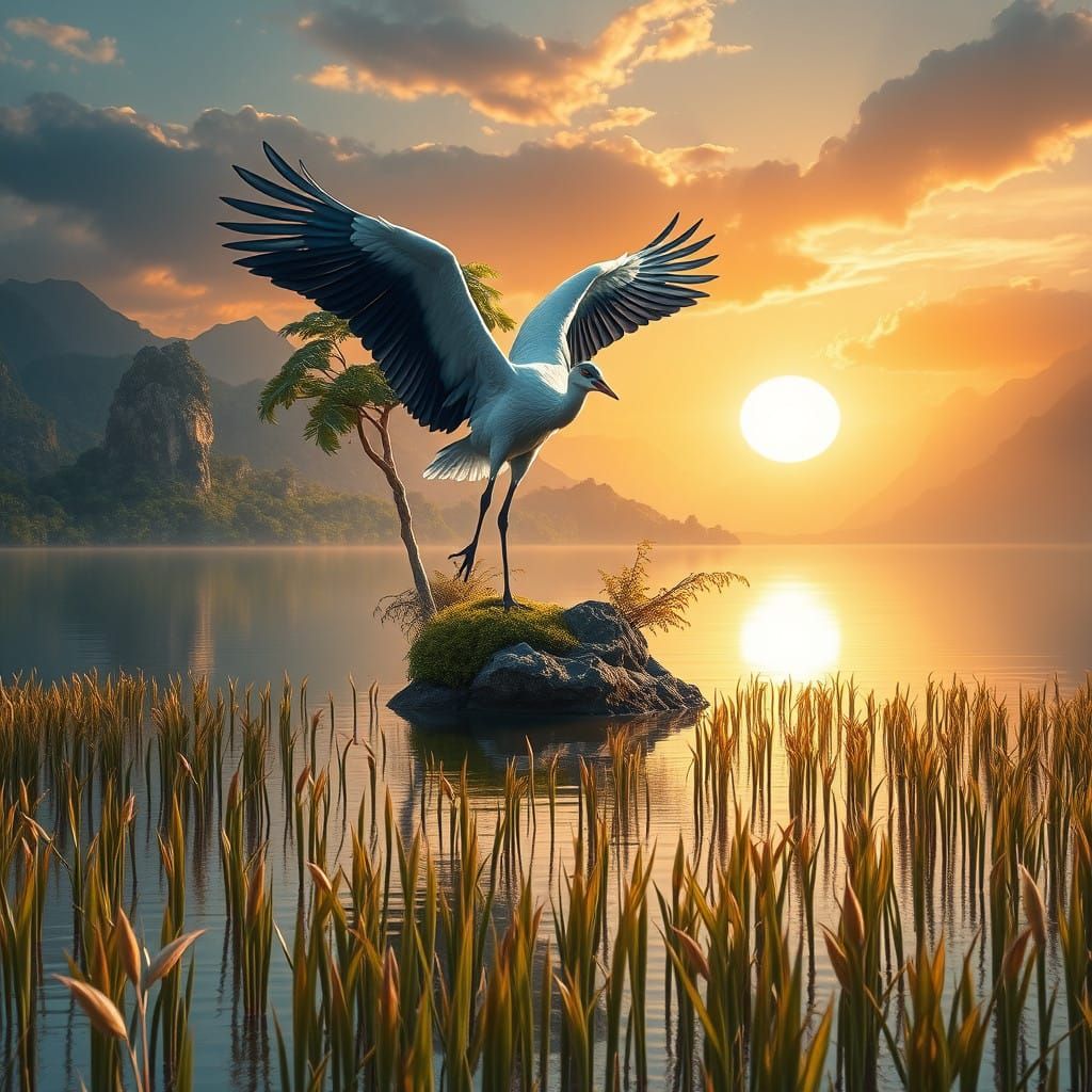 Majestic Crane Takes Flight from Tropical Island in Morning ...