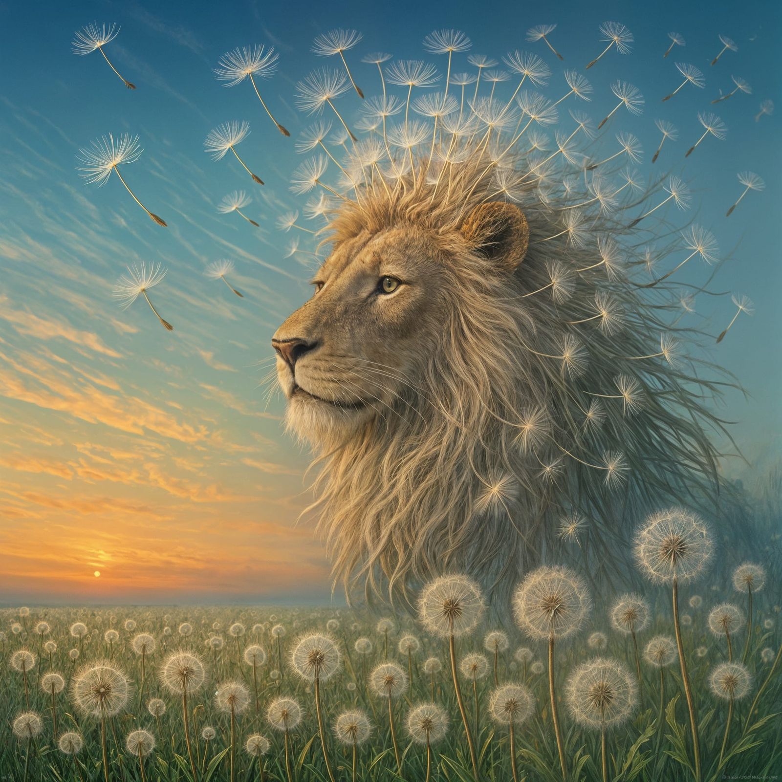 Dandelion Lion in Dreamlike Landscape