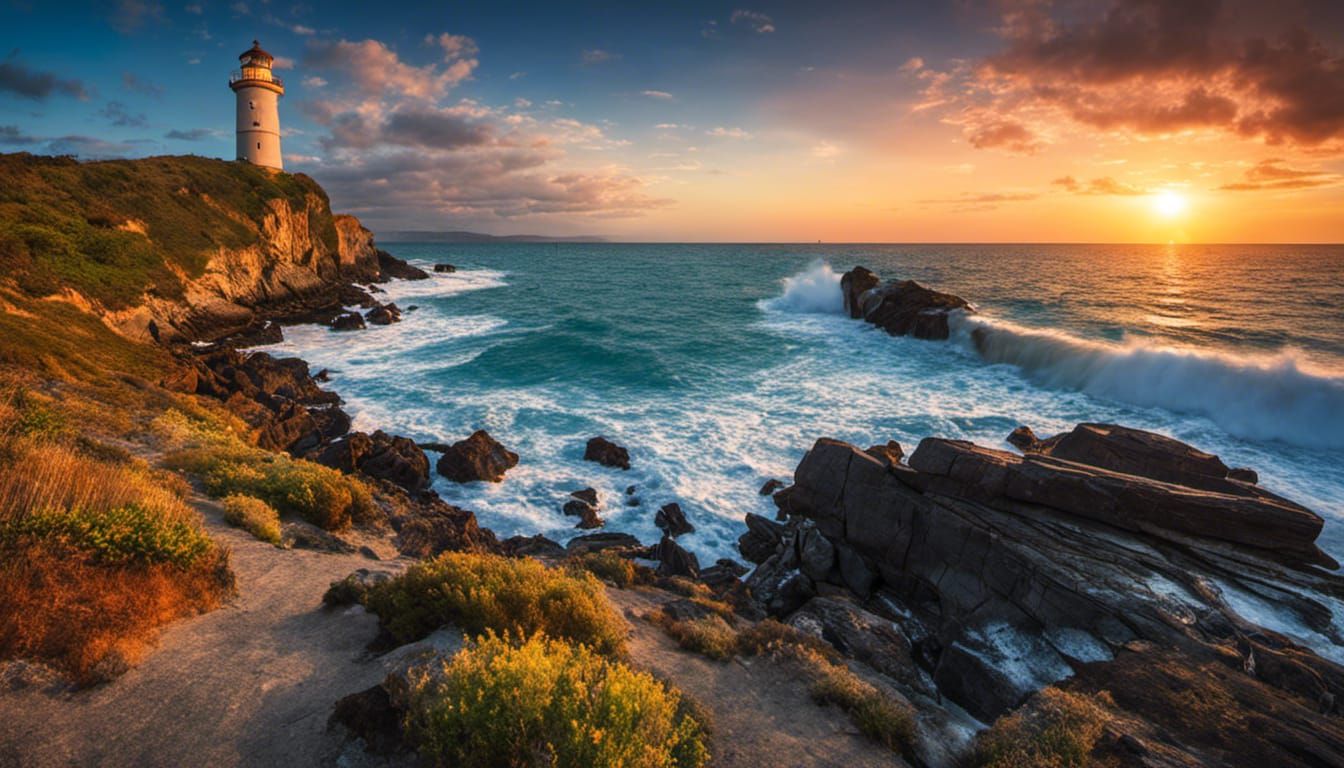 Magnificent Seascape with Lighthouse at Sunset