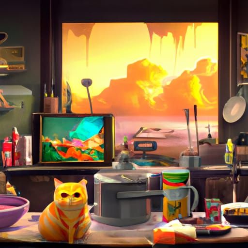 Detailed Matte Painting of Food and Cat