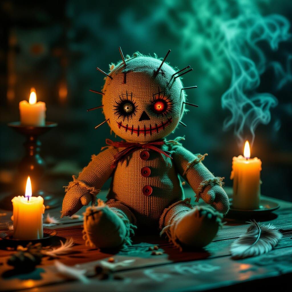 Creepy Voodoo Doll Flyer Background with Eerie Shadows