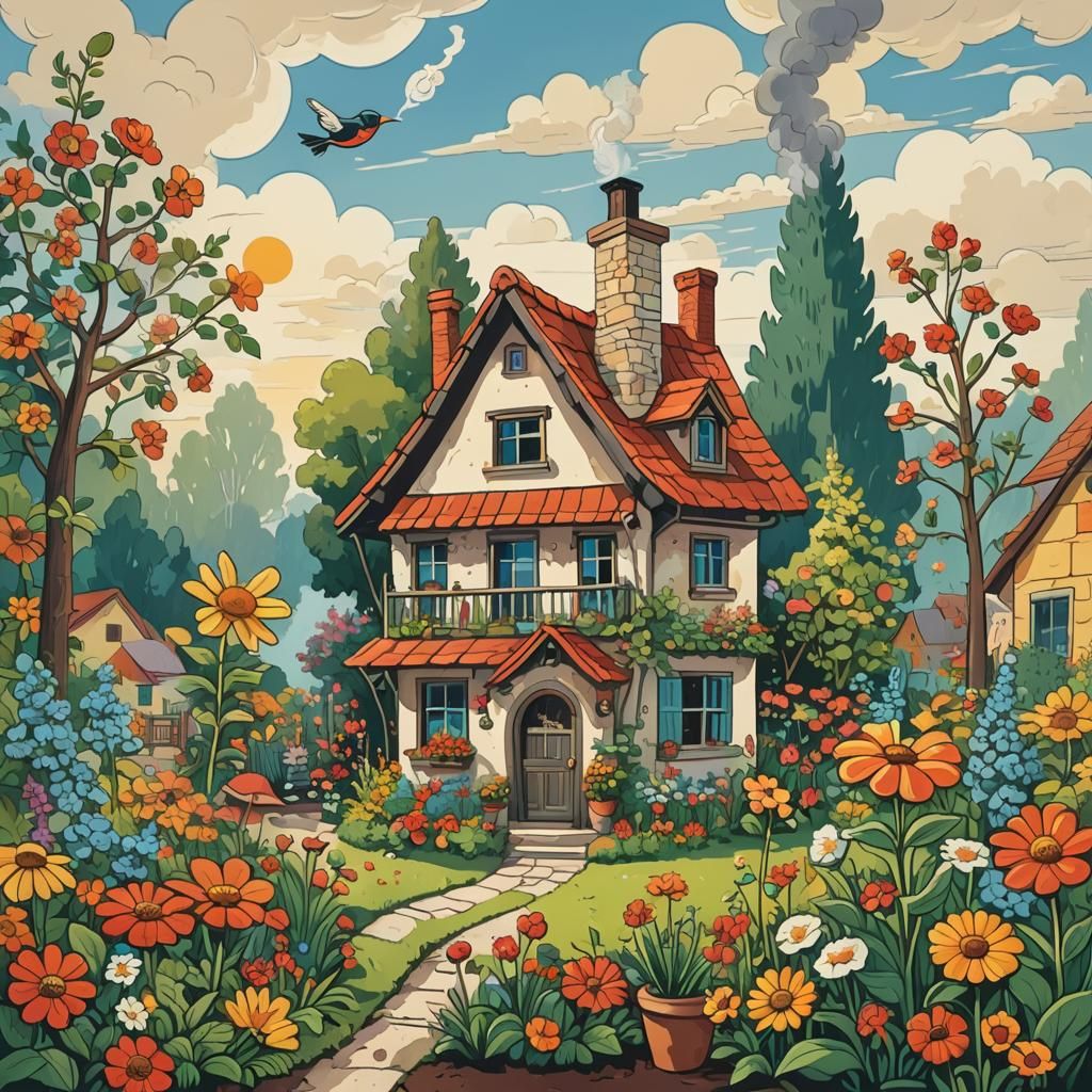 Naive Art House with Garden and Sunny Sky