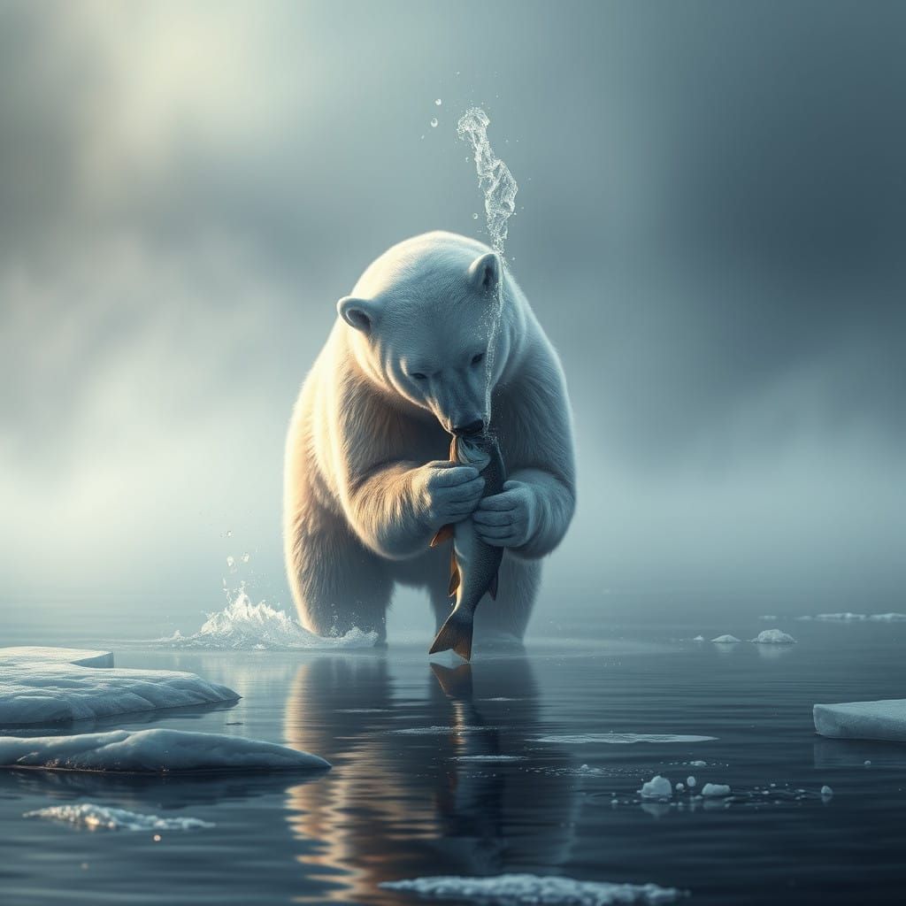 Polar Bear Captures a Fish in a Mystical, Foggy Scene