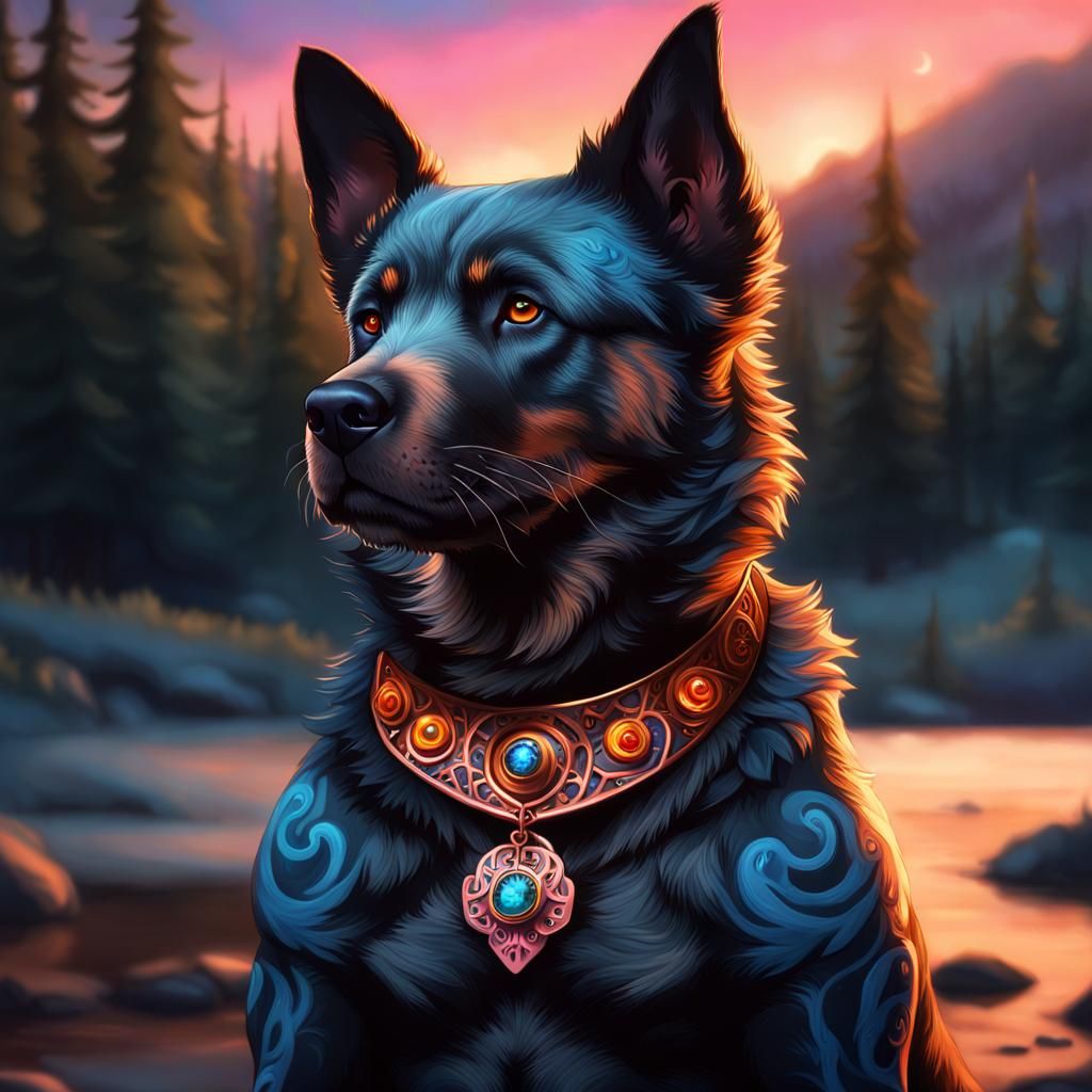 Anthro Pitsky Pup with Tattoos in Fantasy Art Style