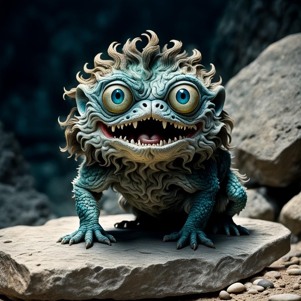 Strange Three-Eyed Animal on Stone Slab