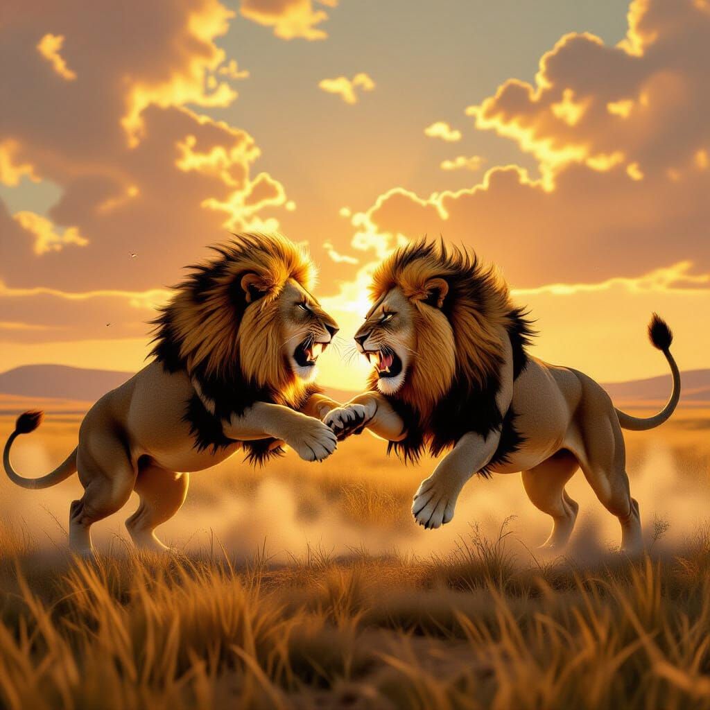 Lions Clash in Golden Savannah Light