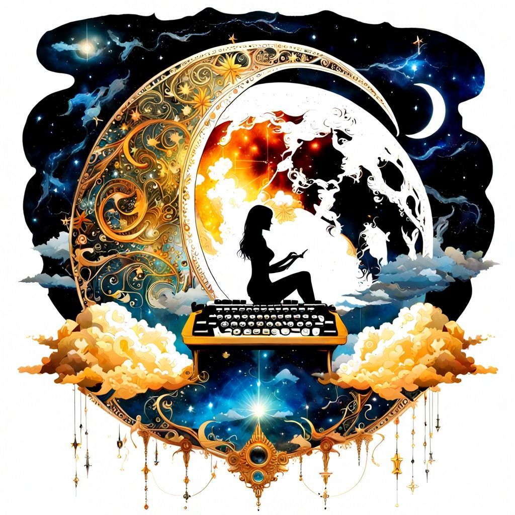Celestial Moontopia: Crescent Moon and Typewriter in Space