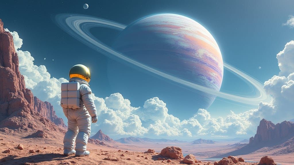 Astronaut on Alien Moon Gazing at Ringed Planet
